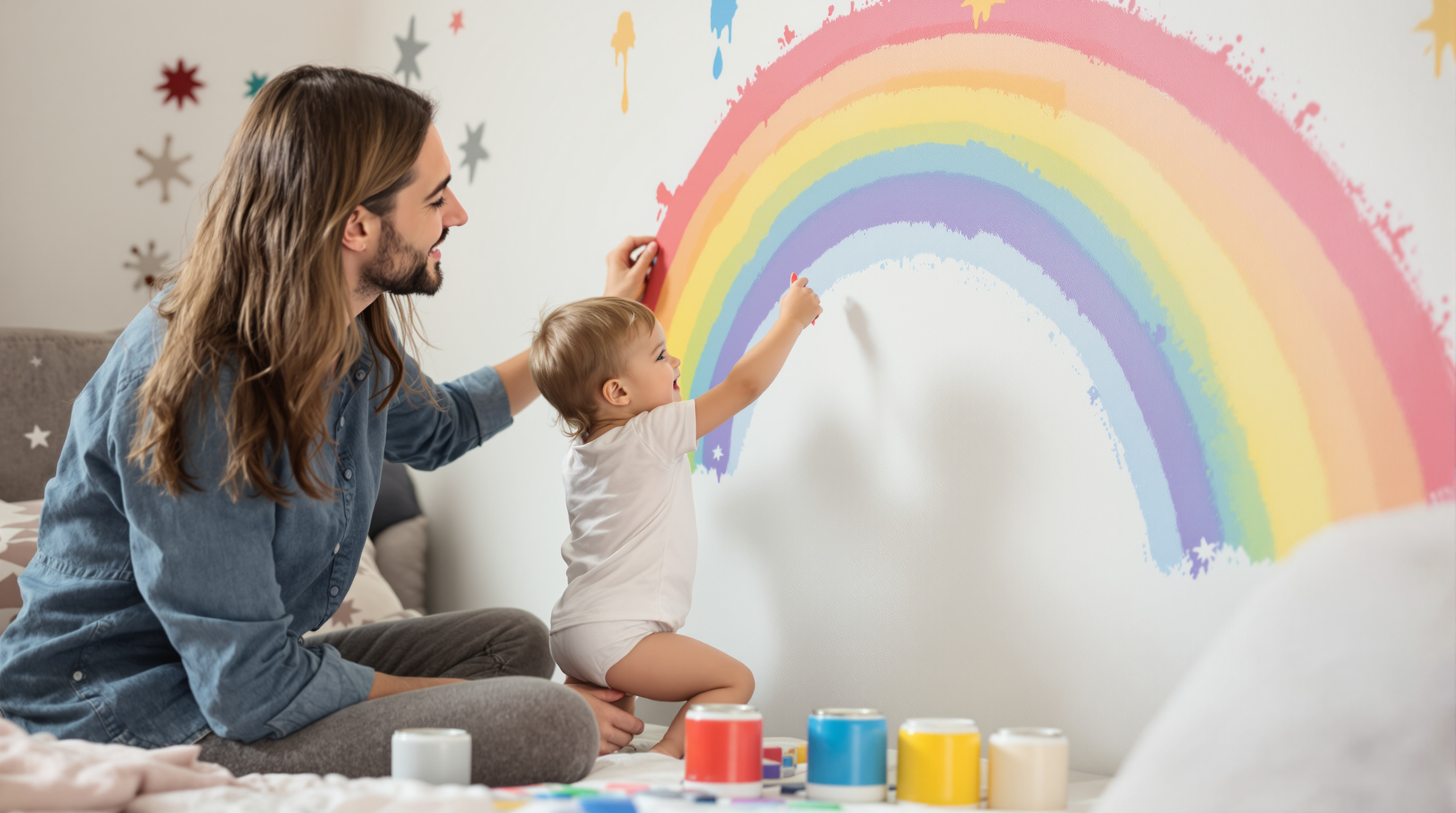 Chambre enfant avec mur géométrique coloré et mobilier bois