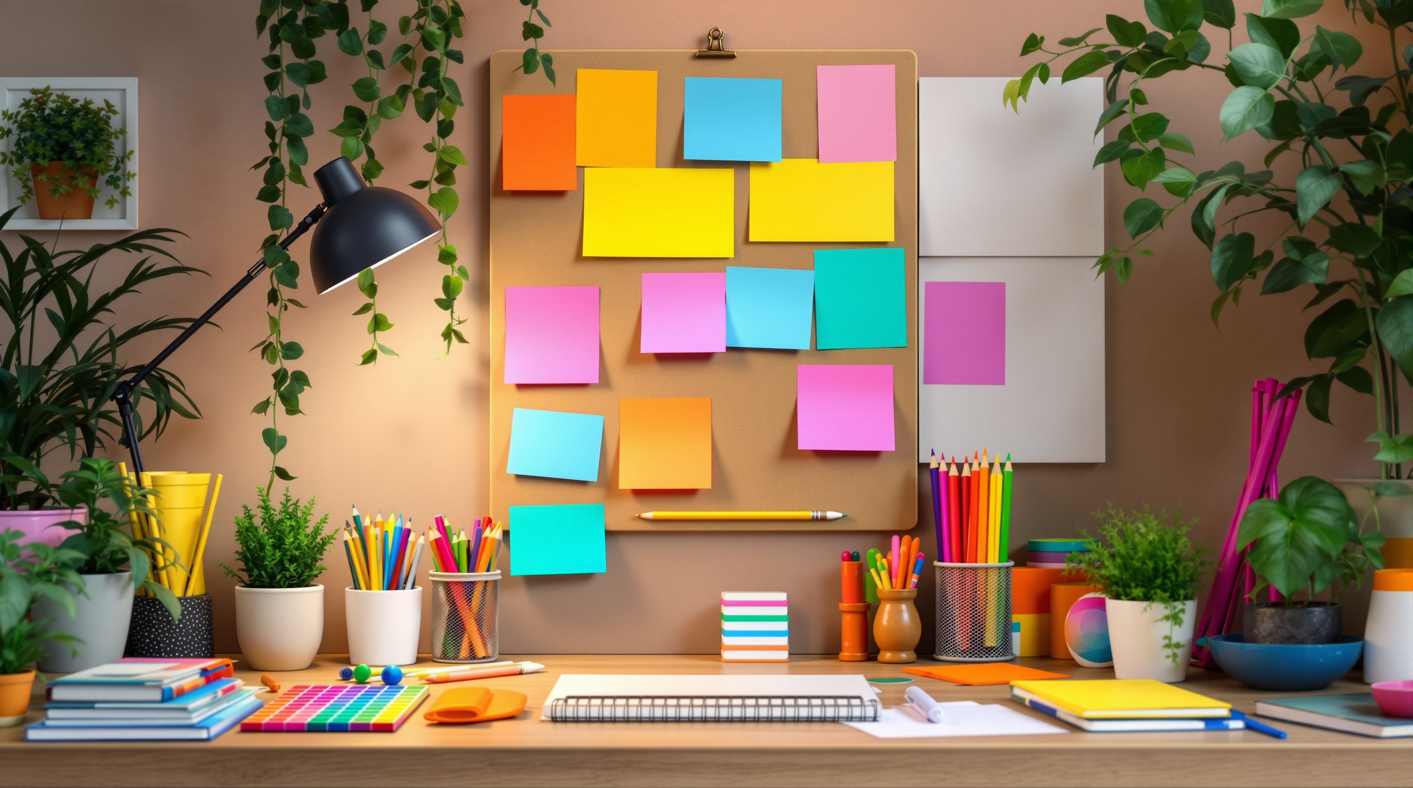 Home office avec mur accent bleu, bureau bois et plantes