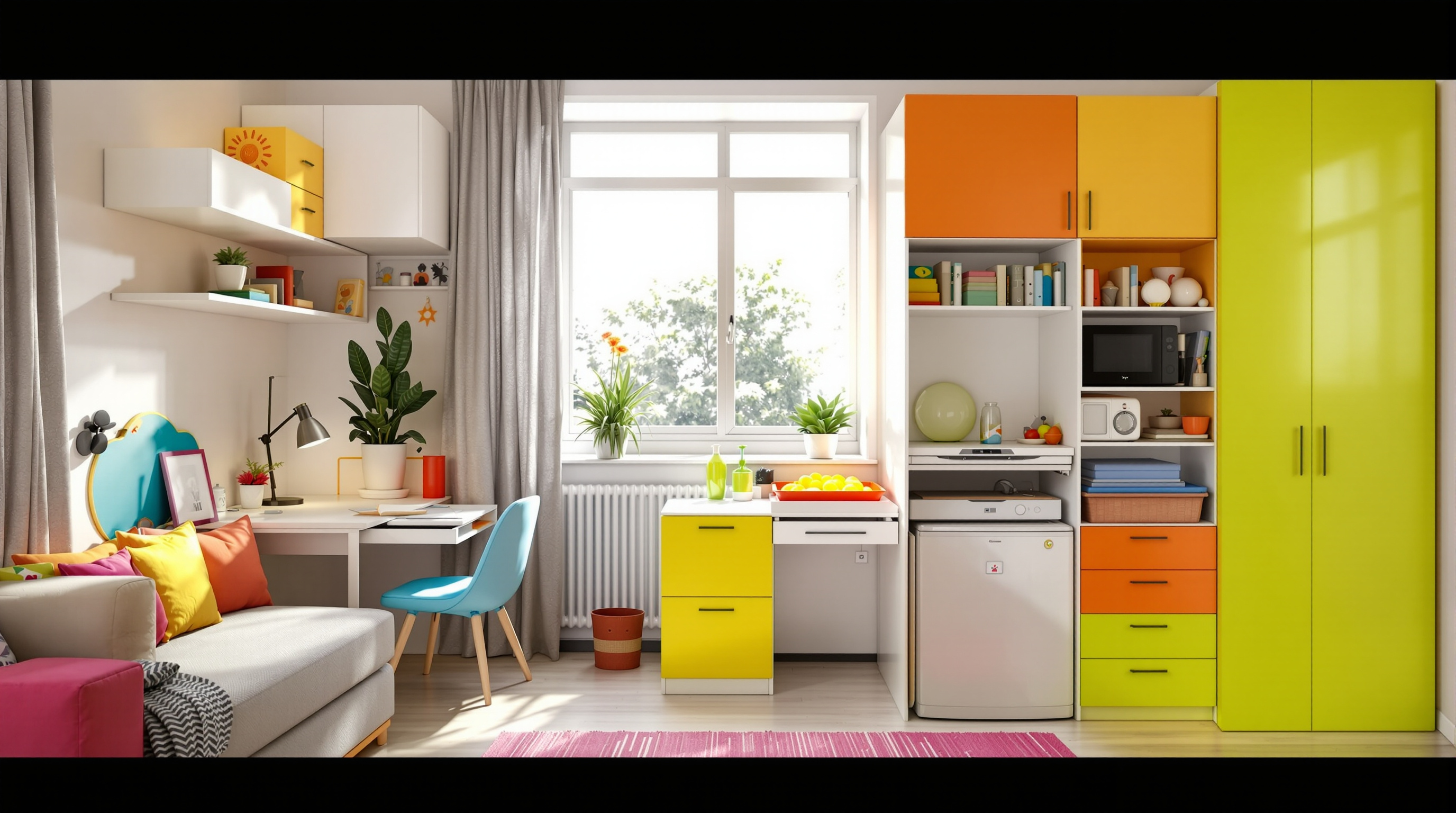 Studio optimisé avec meubles sur pieds et miroir pleine hauteur