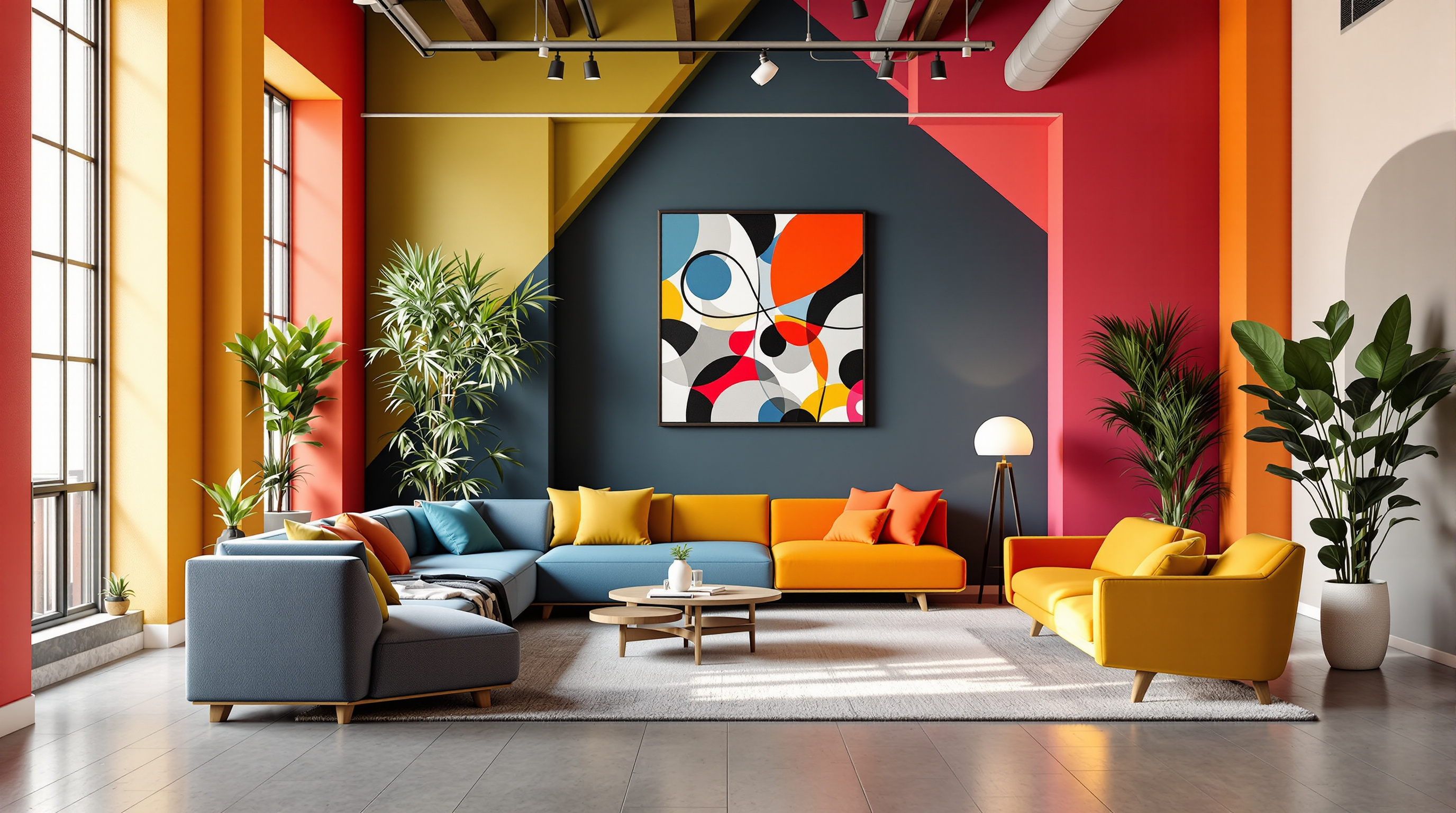 Salon loft industriel coloré — réalisation Bee at Home